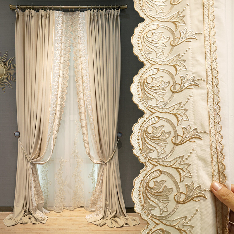 Custom High-end luxury thick cream velvet beige cloth curtain tulle drape C1106