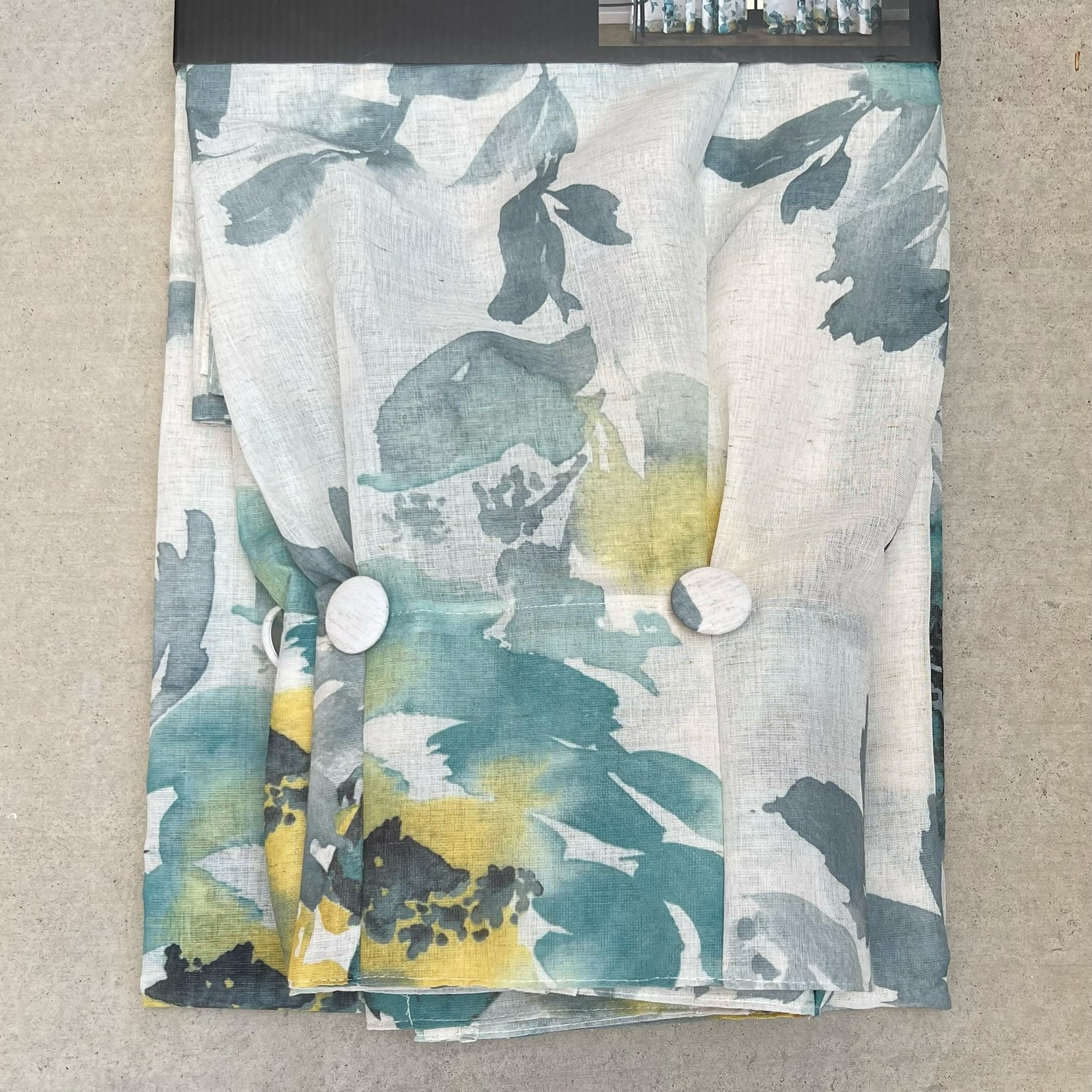 DKNY 32×96 Aquarelle Inverted Pleat Curtains Green Yellow Floral Flowers Buttons