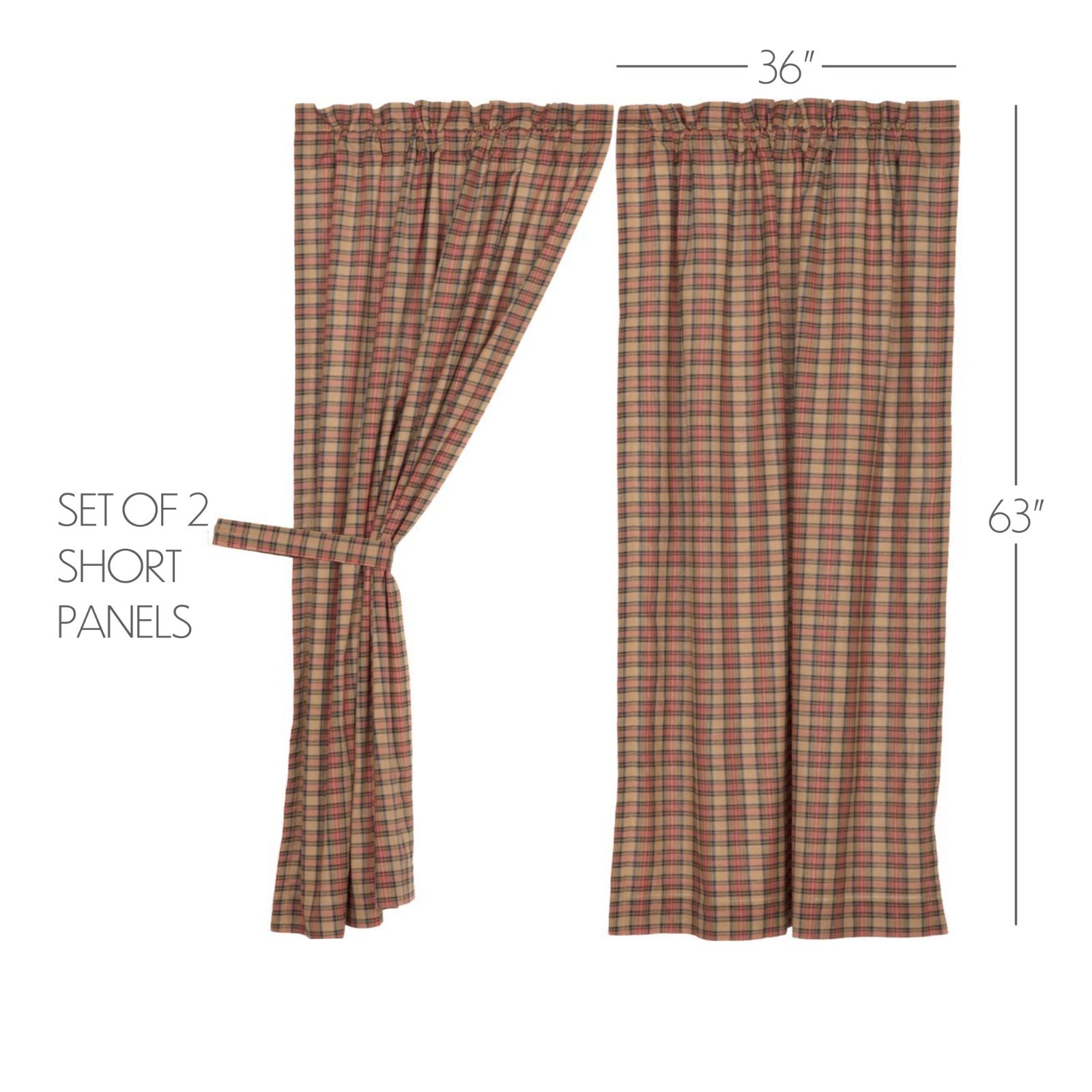 VHC Crosswoods Plaid Short Panel Curtain Set 63×36~ French Country