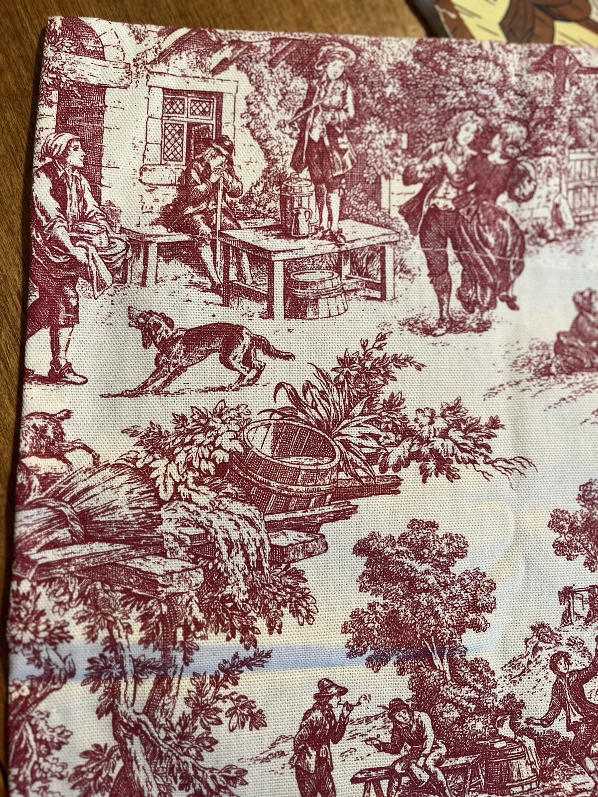 Toile Curtains Pair 100% Cotton Red And Creamy White slip Rod 56” Wide 24” Long