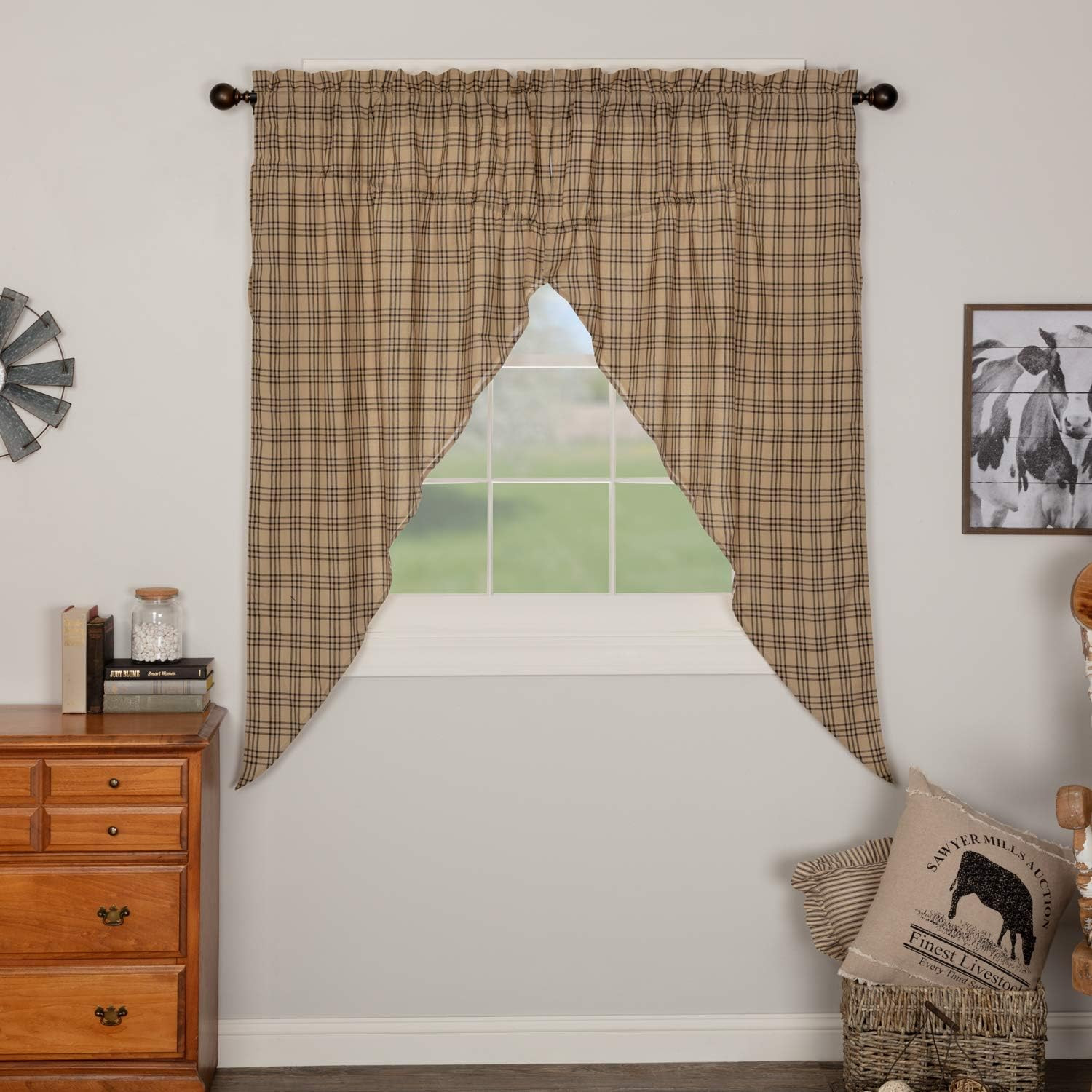 Farmhouse Window Curtains-Sawyer Mill Tan Prairie Panel Pair, One Size, Charcoal