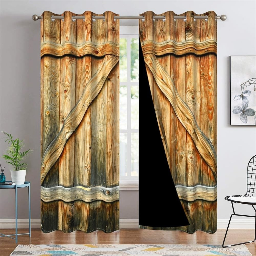Rustic Barn Door Curtains – Vintage Wood Window Drapes, 53×72 Inch, 2 Panels