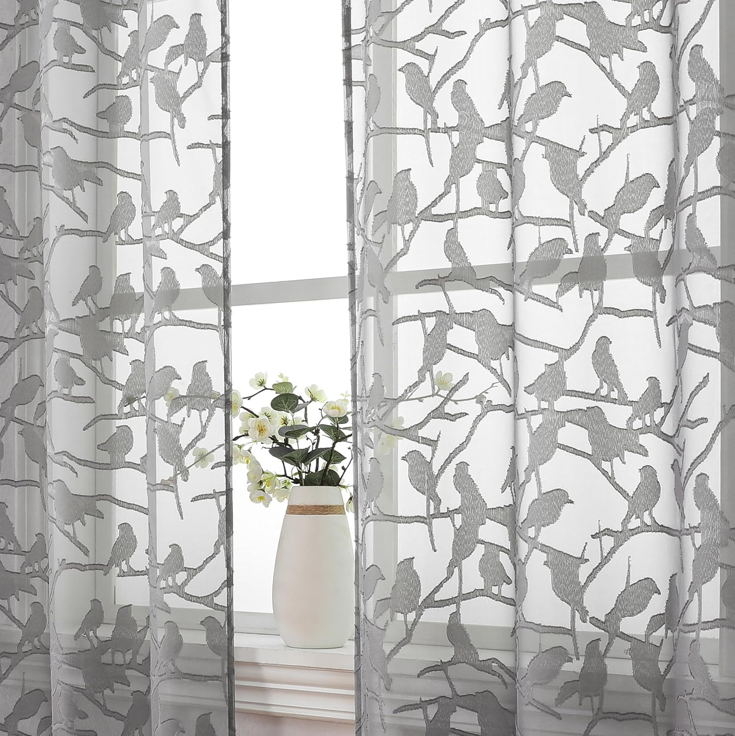 OVZME Anji Sheer Grey Curtains 63 Inches Long, Light & Airy Privacy Textured She