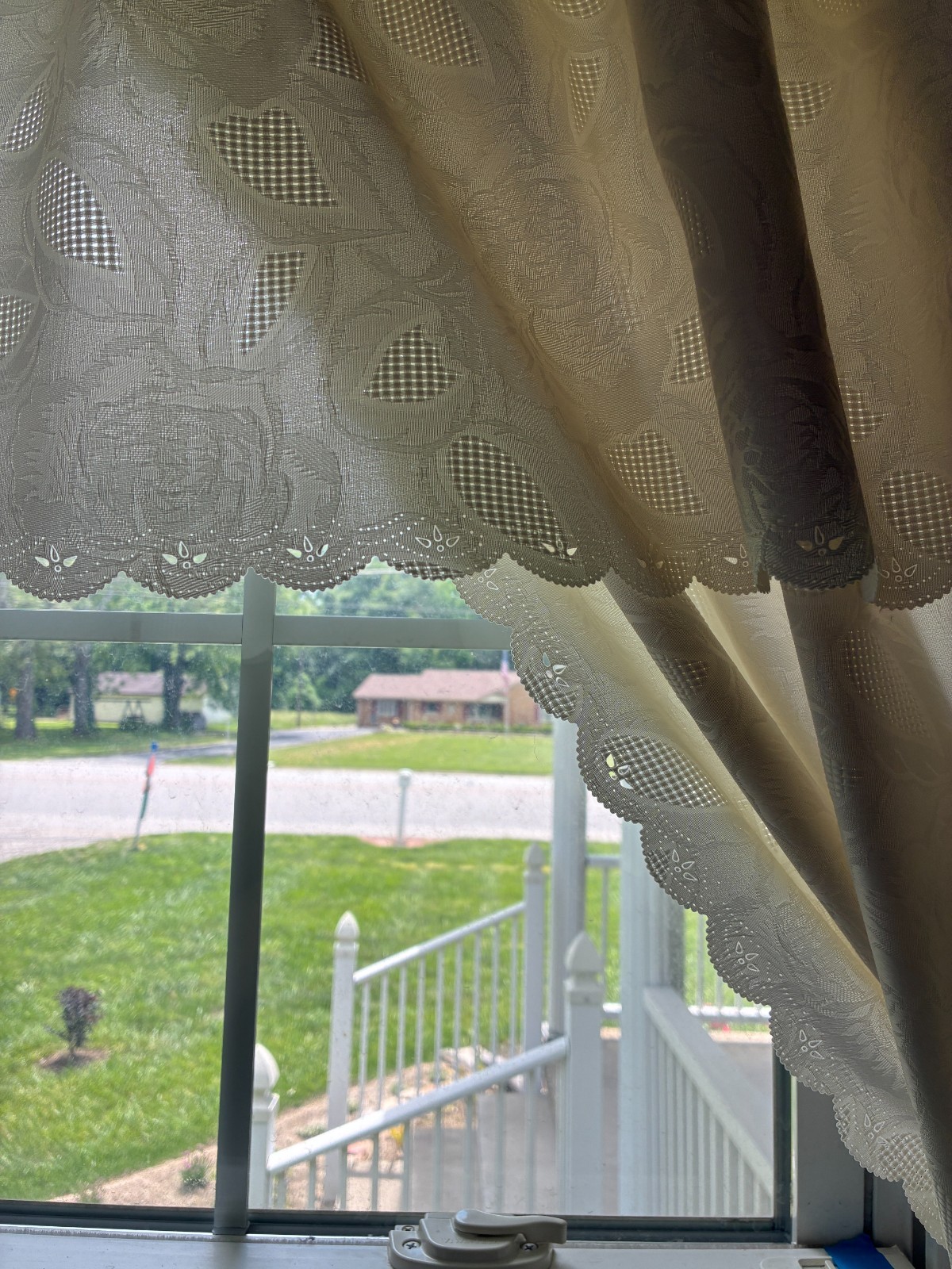 Ivory brocade scalloped curtain panels and valance 80W x 65L – one piece
