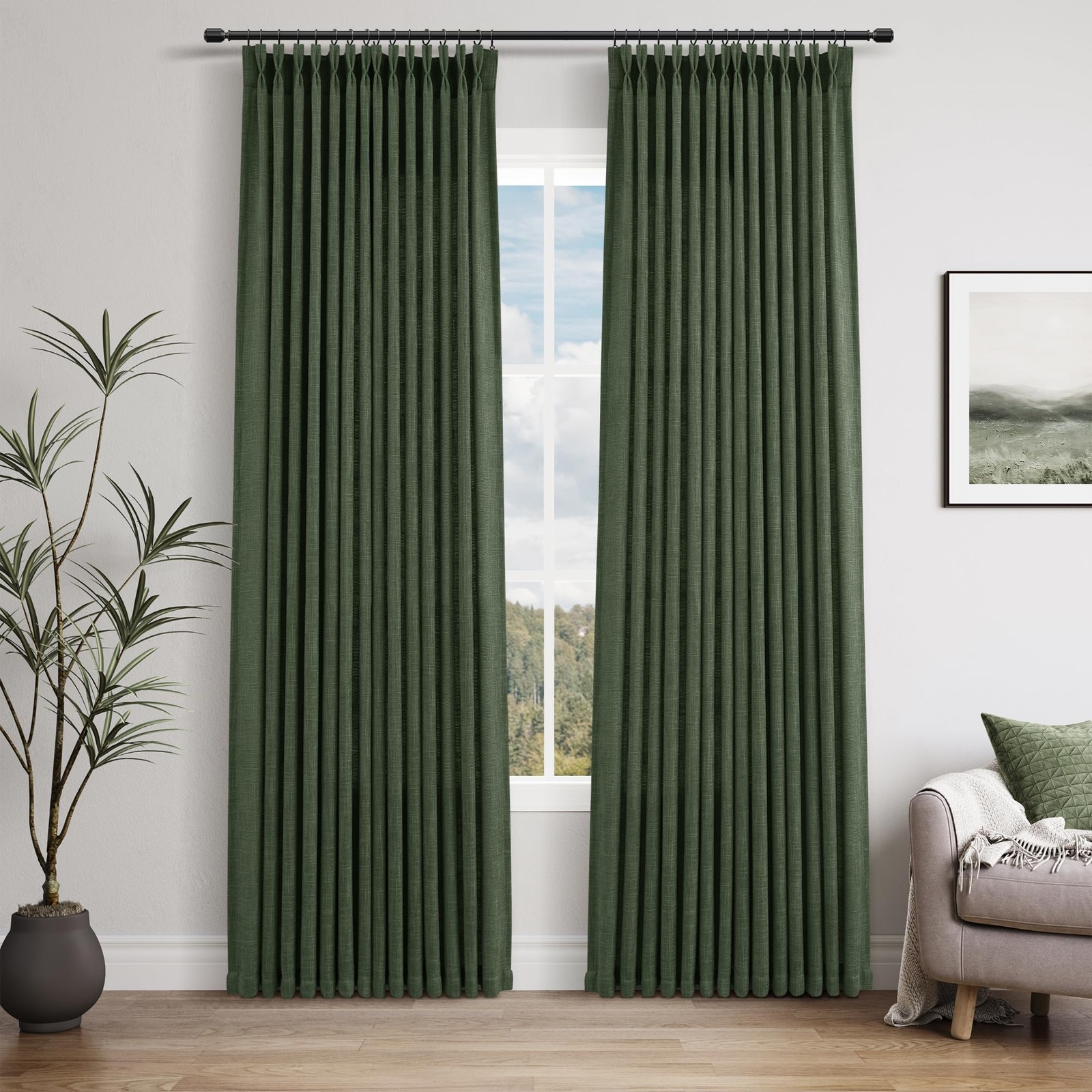 Olive Green Linen Pinch Pleated Curtains 84 Inches Long 2 Panels for Living R…