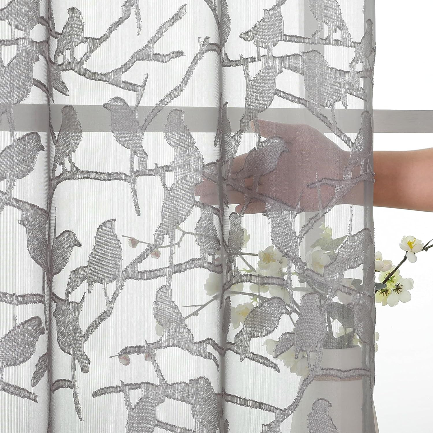 OVZME Anji Sheer Grey Curtains 63 Inches Long, Light & Airy Privacy Textured She