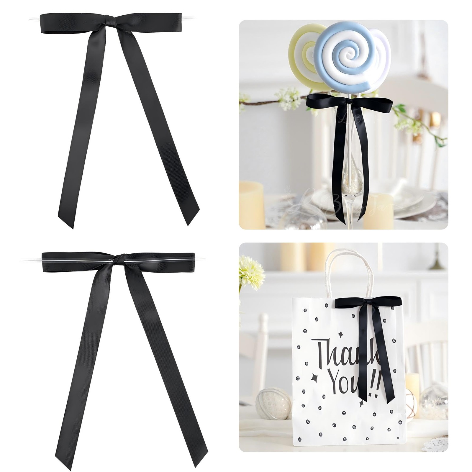 Black 5 Inch Long Tail Satin Ribbon Twist Tie Bows Craft Gift Wrap 50 PCS