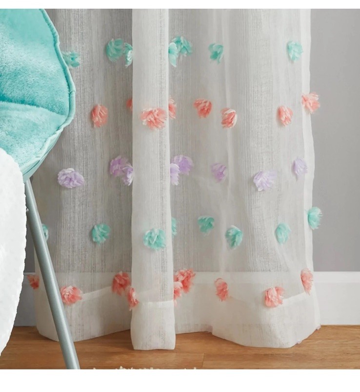 YOUR ZONE POM POMS CURTAIN PANEL 38X84 SHEER WHITE PASTEL COLORS EUC