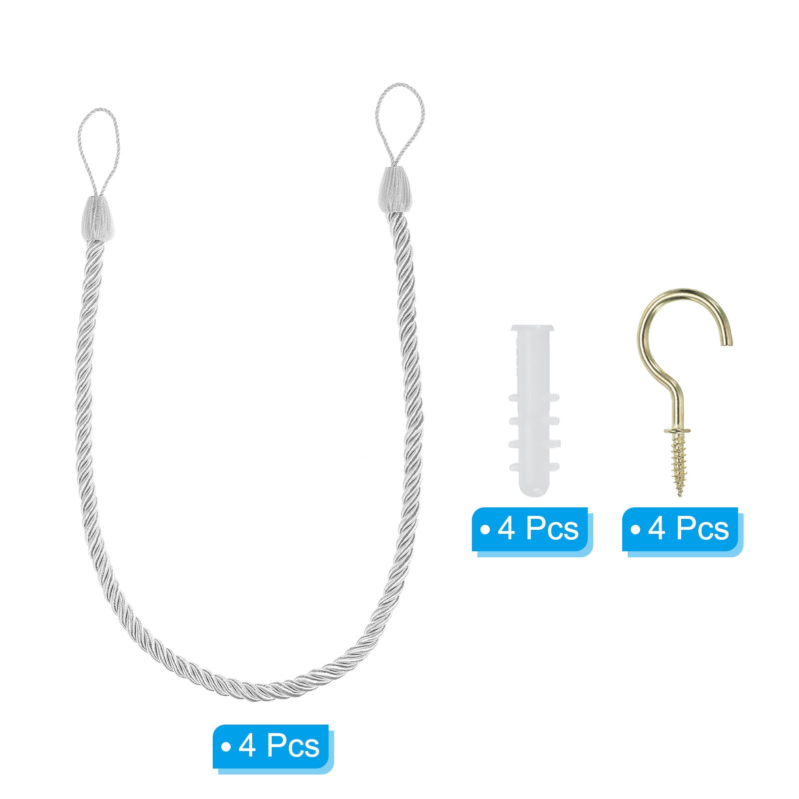4pcs Curtain Tiebacks Ropes with Hooks Bolts White