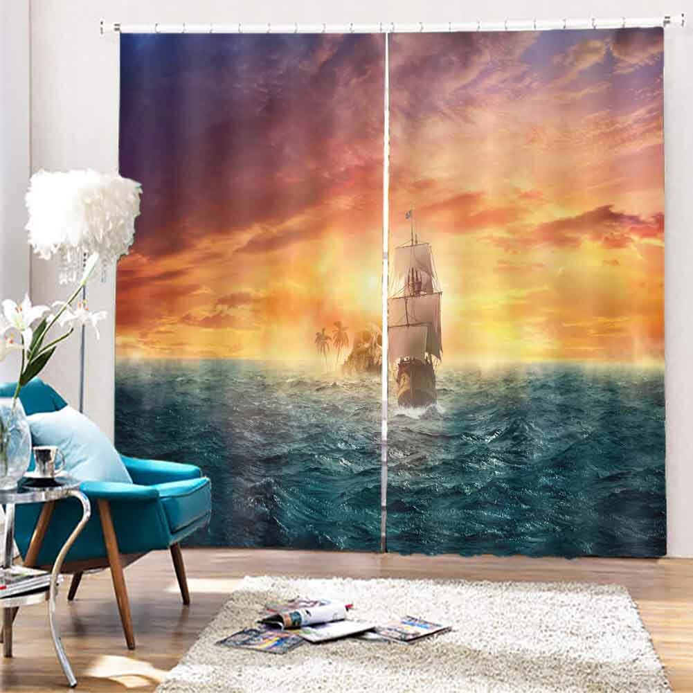 Sea Broadcasting Sky 3D Curtain Blockout Photo Printing Curtains Drape Fabric