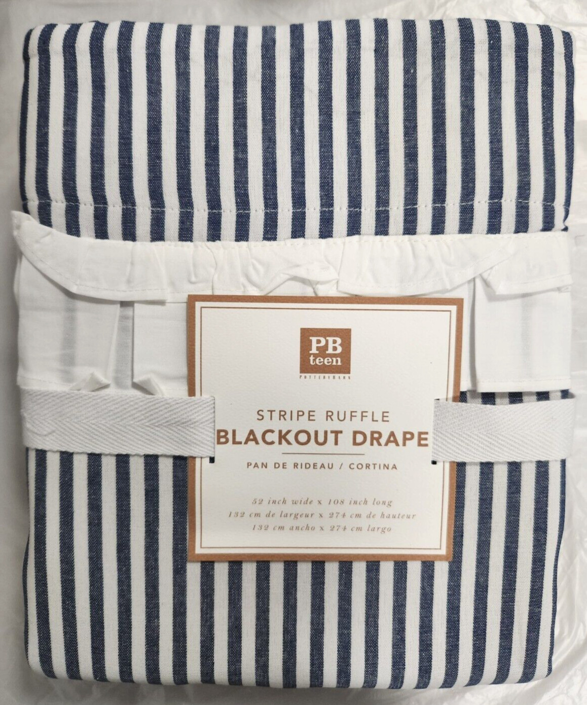 Pottery Barn Teen Stripe Ruffle Blackout Drape 52″ x 108″ Blue / White