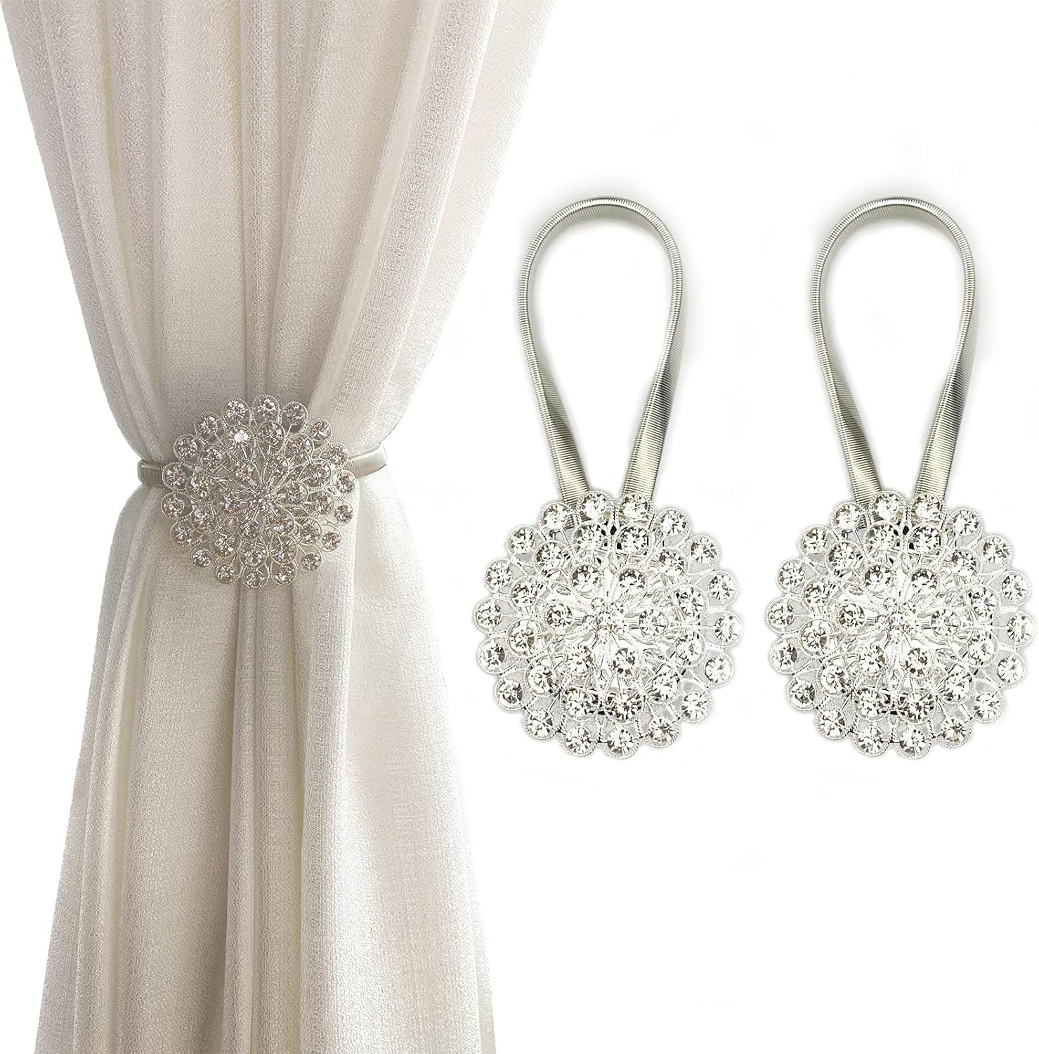 Magnetic Tiebacks for Curtains, 2 Pack Sparkling Crystal Flower Curtain Tiebacks