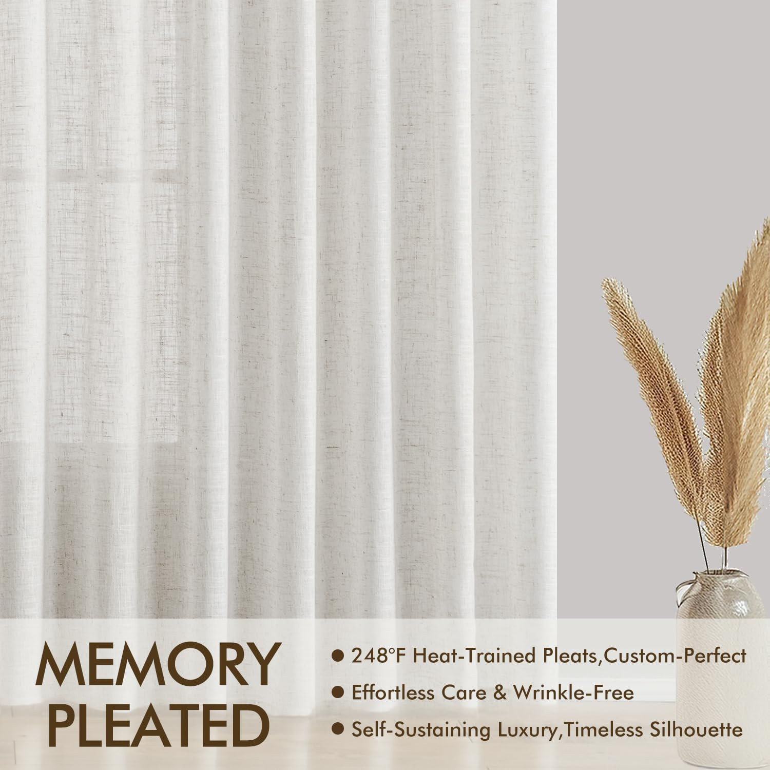 Elegant 108″ Natural Linen Pinch Pleated Curtains – 2 Panels, Semi-Sheer Cream