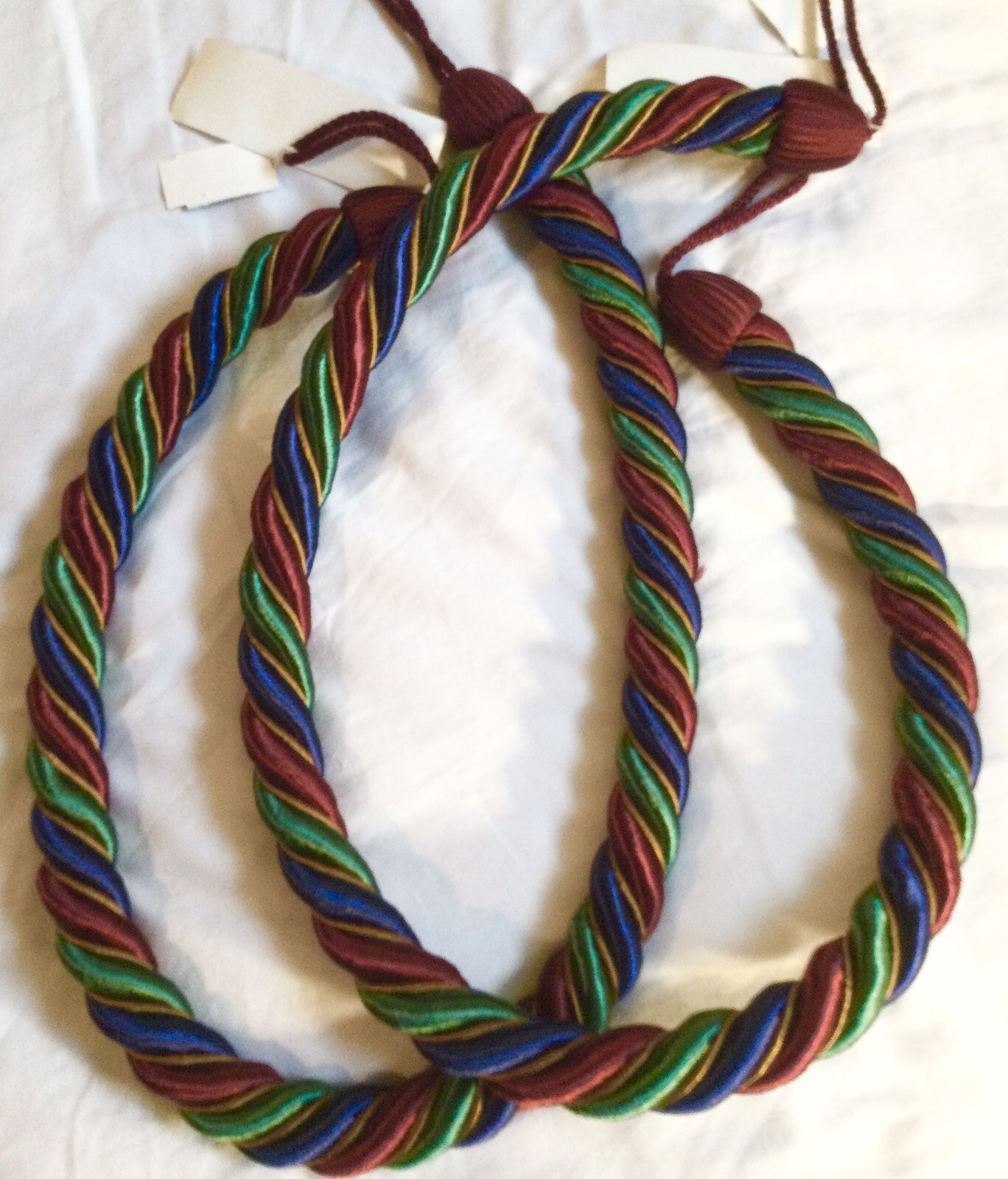 2 Curtain Tie-Backs 37” Large Rope, Navy, Burgundy, Green, Gold