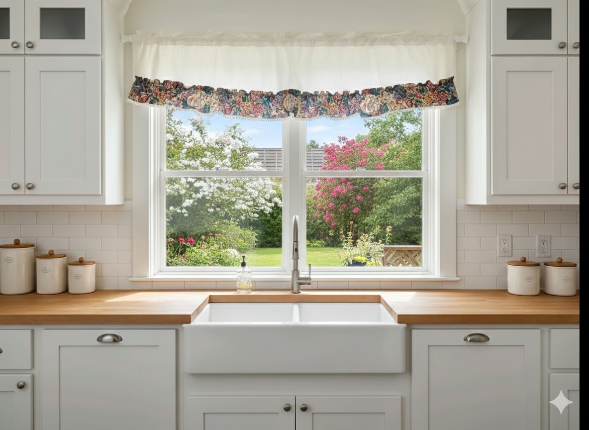 4PC Kitchen Curtain Swag Set, 2 Swag 64″×32″ 2 Panels 58″×13″ Floral 100% COTTO