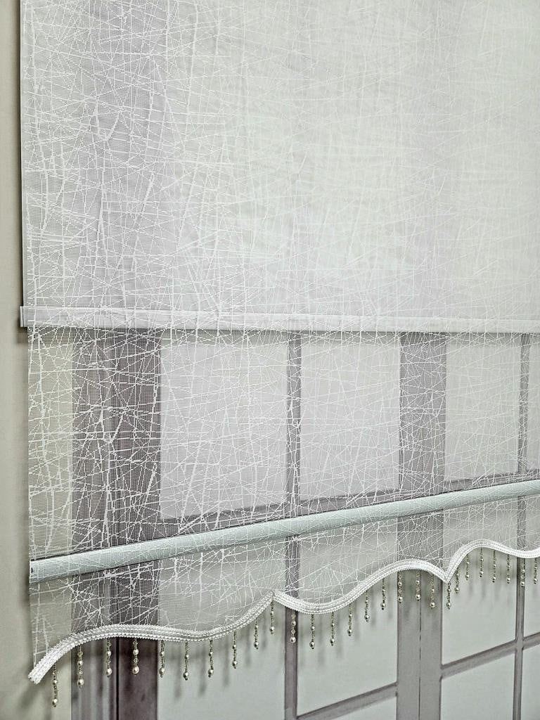 Patterned Beaded Double Mechanism Tulle Roller Blinds Curtain, Light filtering,