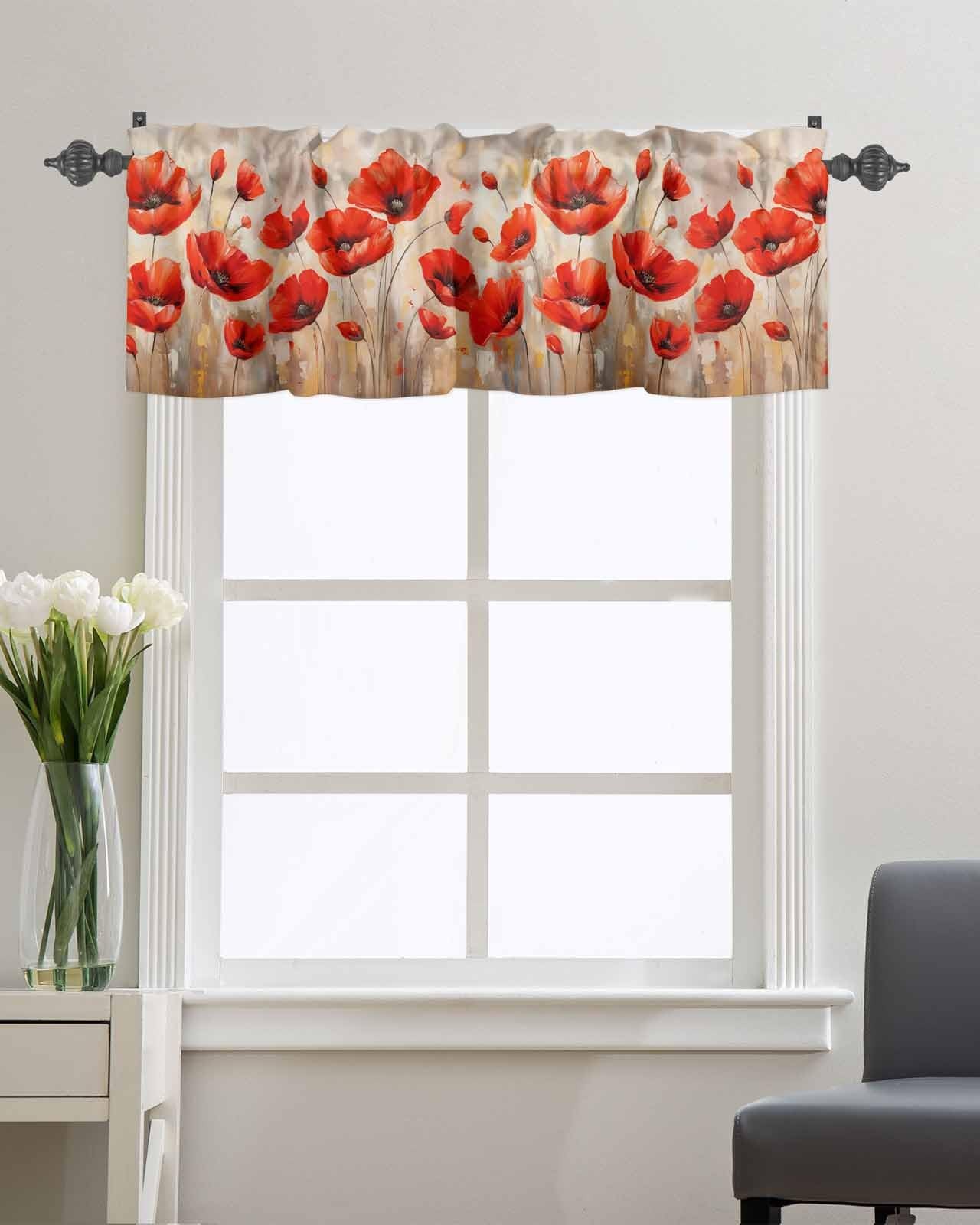 Kitchen Valances for Windows,Red Poppy Vintage Flowers Valance Curtain Rod Po…