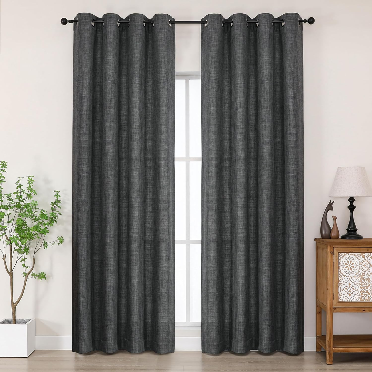 Coal Black Curtains 84 Inches Long 2 Panels Set, Light Filtering Faux Linen Text