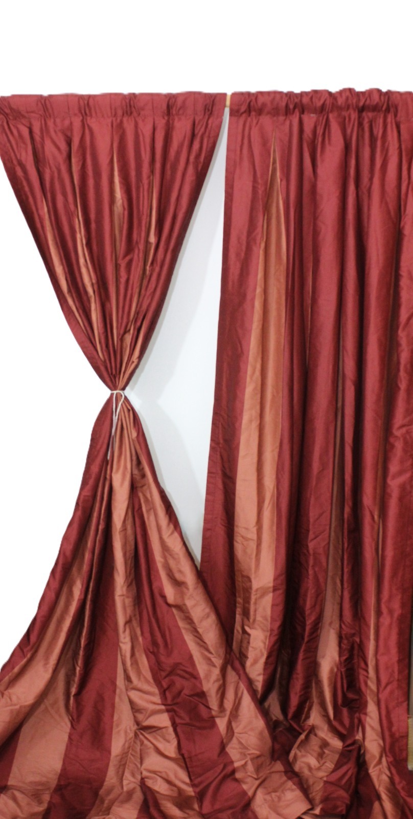 Striped Faux Silk Box Pleat Drapes 84″ Lined Panels, Burnt Orange & Peach