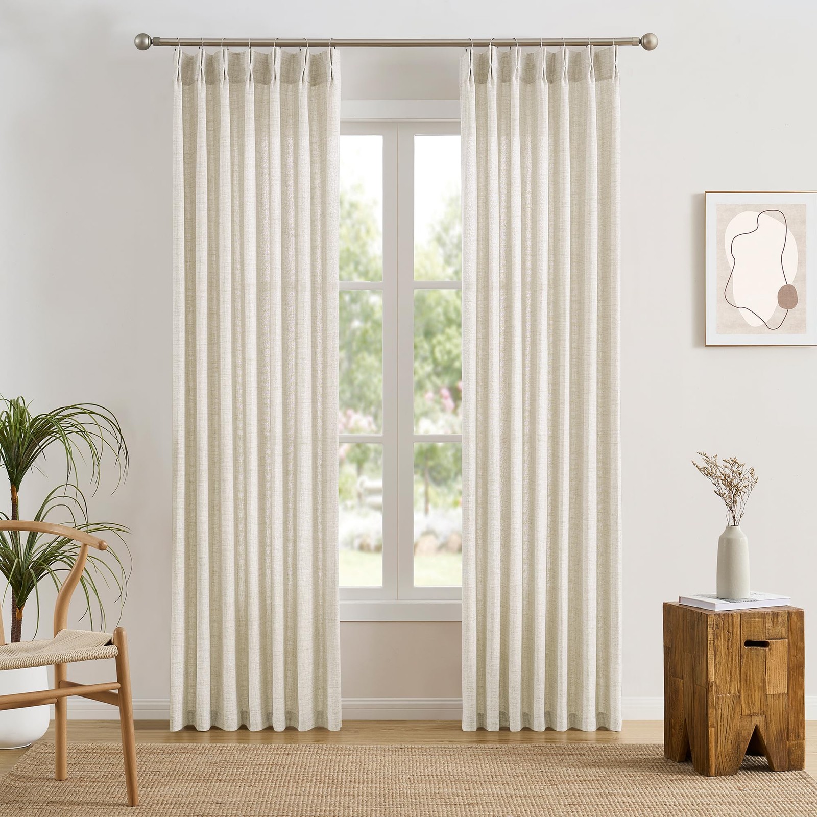 Linen Pleated Sheer Curtain Drapes 96 Inches Long Natural Color,Pinch Pleat W…