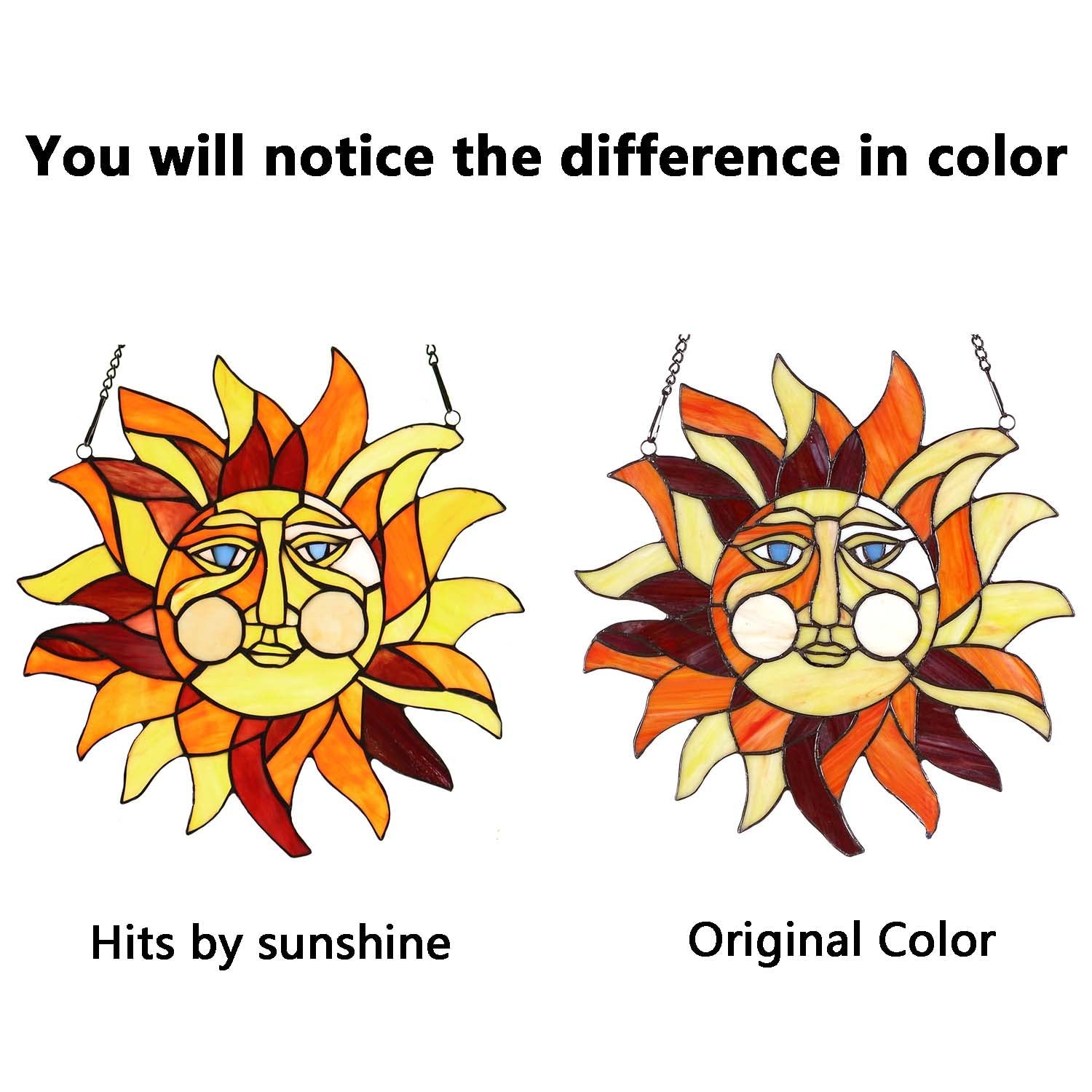 Bieye W10040 Sun Face Tiffany Style Stained Glass Window Panel Chain Yellow 15 W