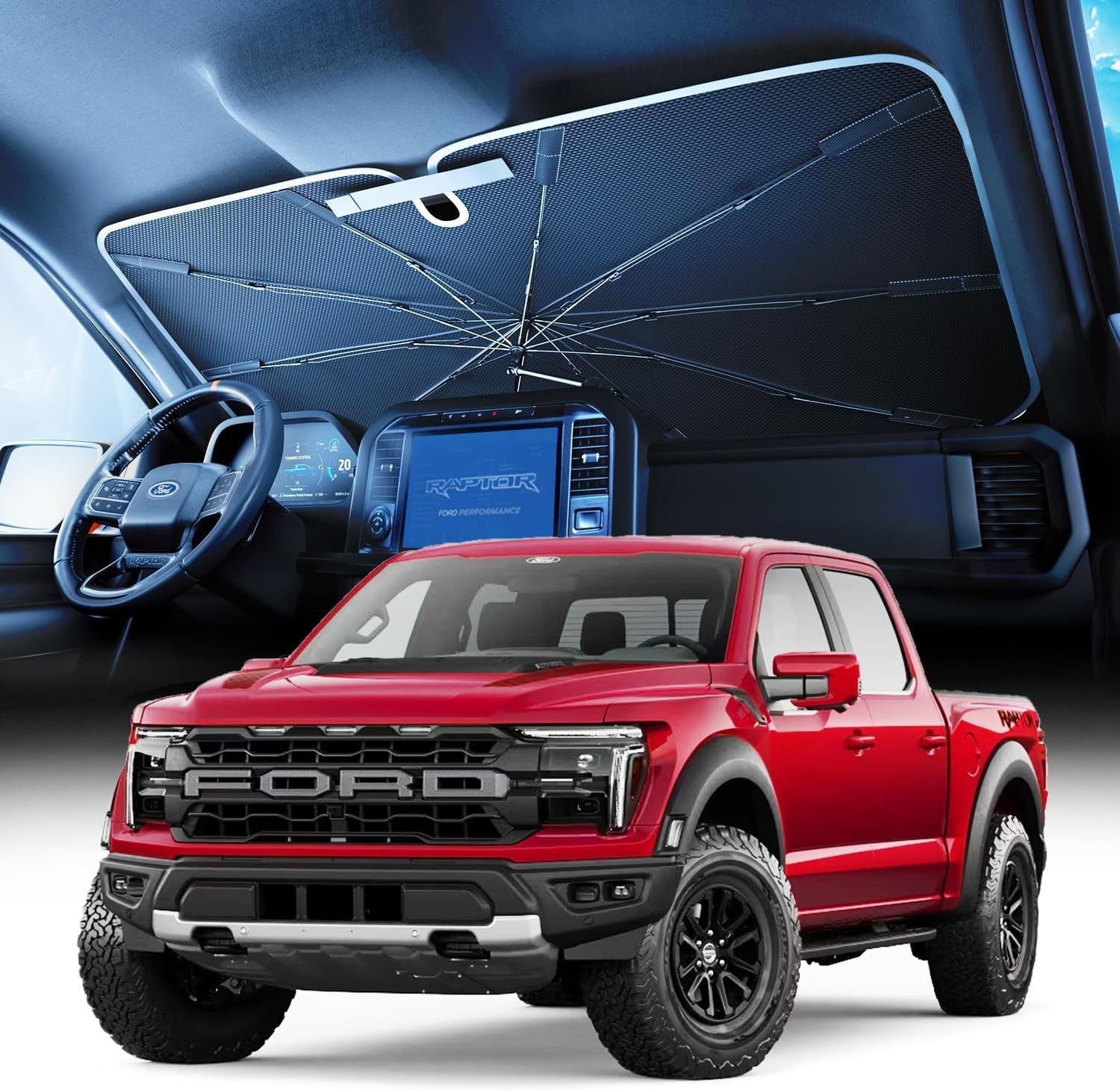 2026 Flagship Truck Windshield Sun Shade Umbrella for Ford F150/250/350, Silvera