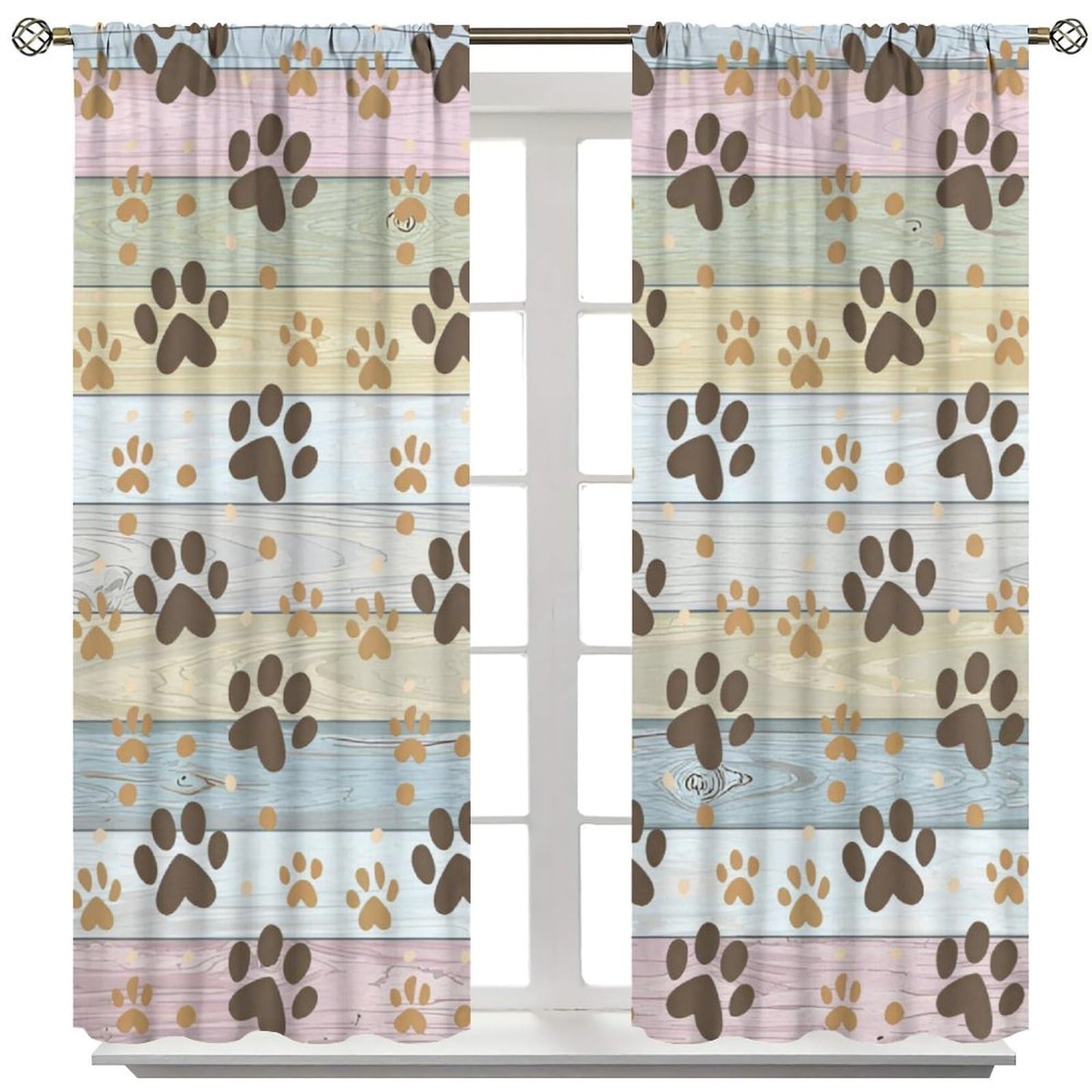 Dog Paw Curtains Rustic Colorful Wood Board Cute Puppy Paws Printed Window Dr…