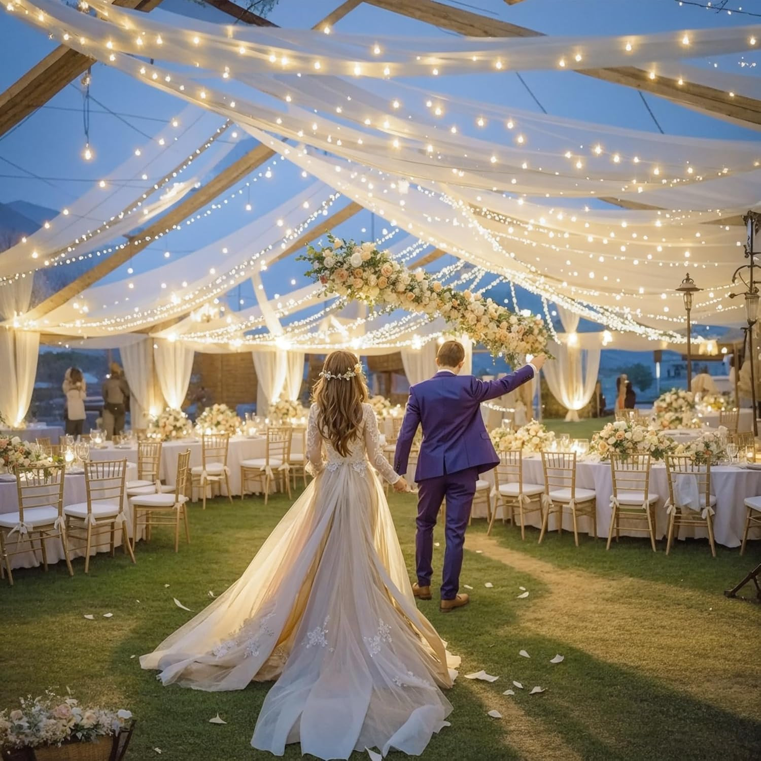 Ivory Sheer Tulle Ceiling Drapes with Lights for Weddings & Parties 5x10ft