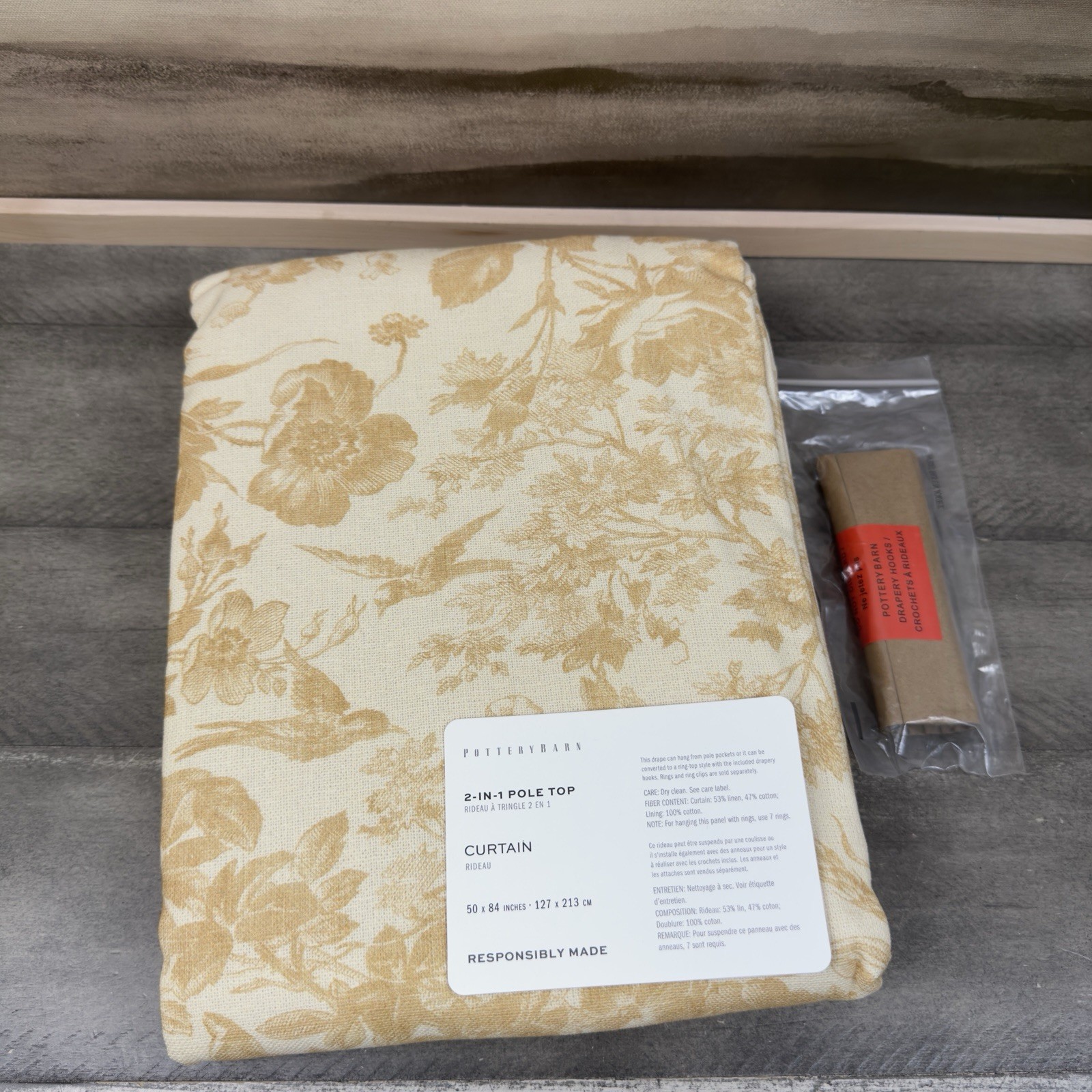 Pottery Barn (1) Sorrel Toile Curtain Drape 50”x84” Gold Cotton Lined W/Hooks OB