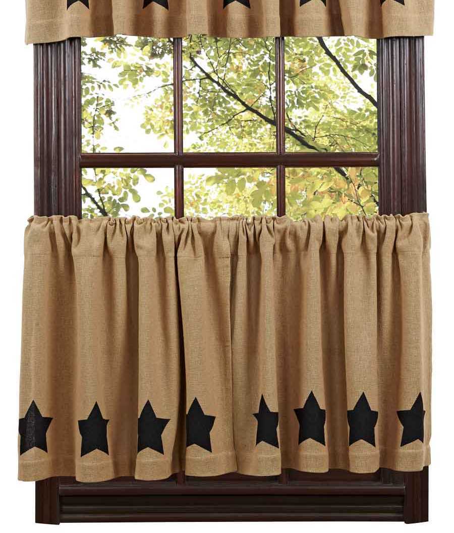 BURLAP NATURAL BLACK STENCIL TIER WINDOW TREATMENT 2 pc set 24X36″ UNLINED