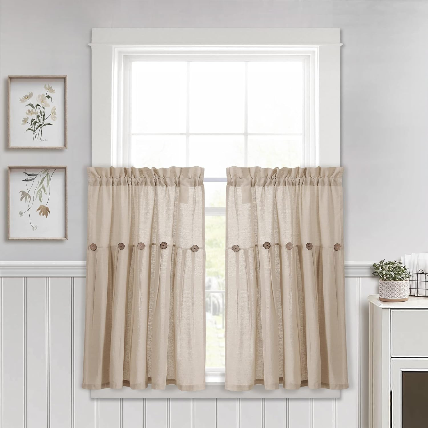 Linen Button Farmhouse Kitchen Curtains Tier Set 29″W x 36″L Dark Linen – Linen