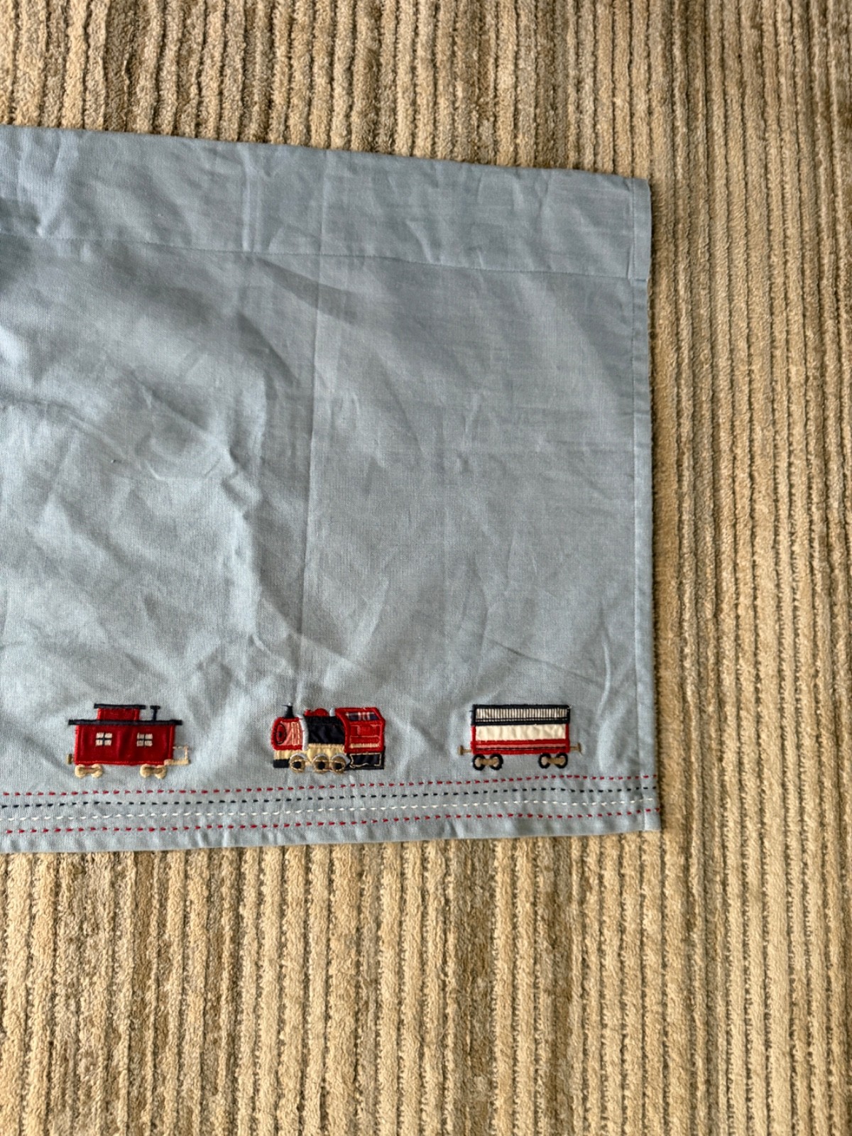 Pottery Barn kids Blue Chambray Train Trains Curtain Valance Single LIKENEW