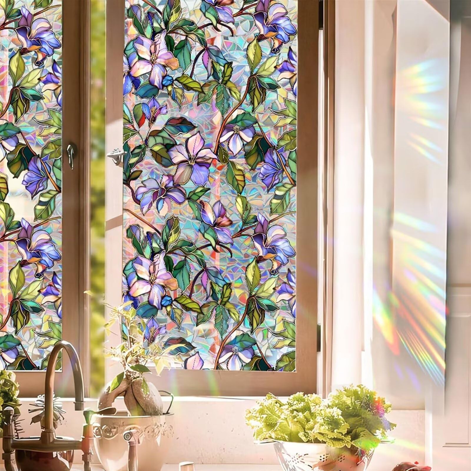 Purple Flower Window Privacy Films, Stained Glass Rainbow Floral Window Stick…