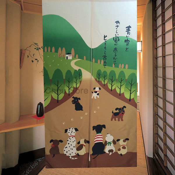 Green Lovely Happy Dog Family Print Door Curtain Tapestry Doorway Hanging Divide