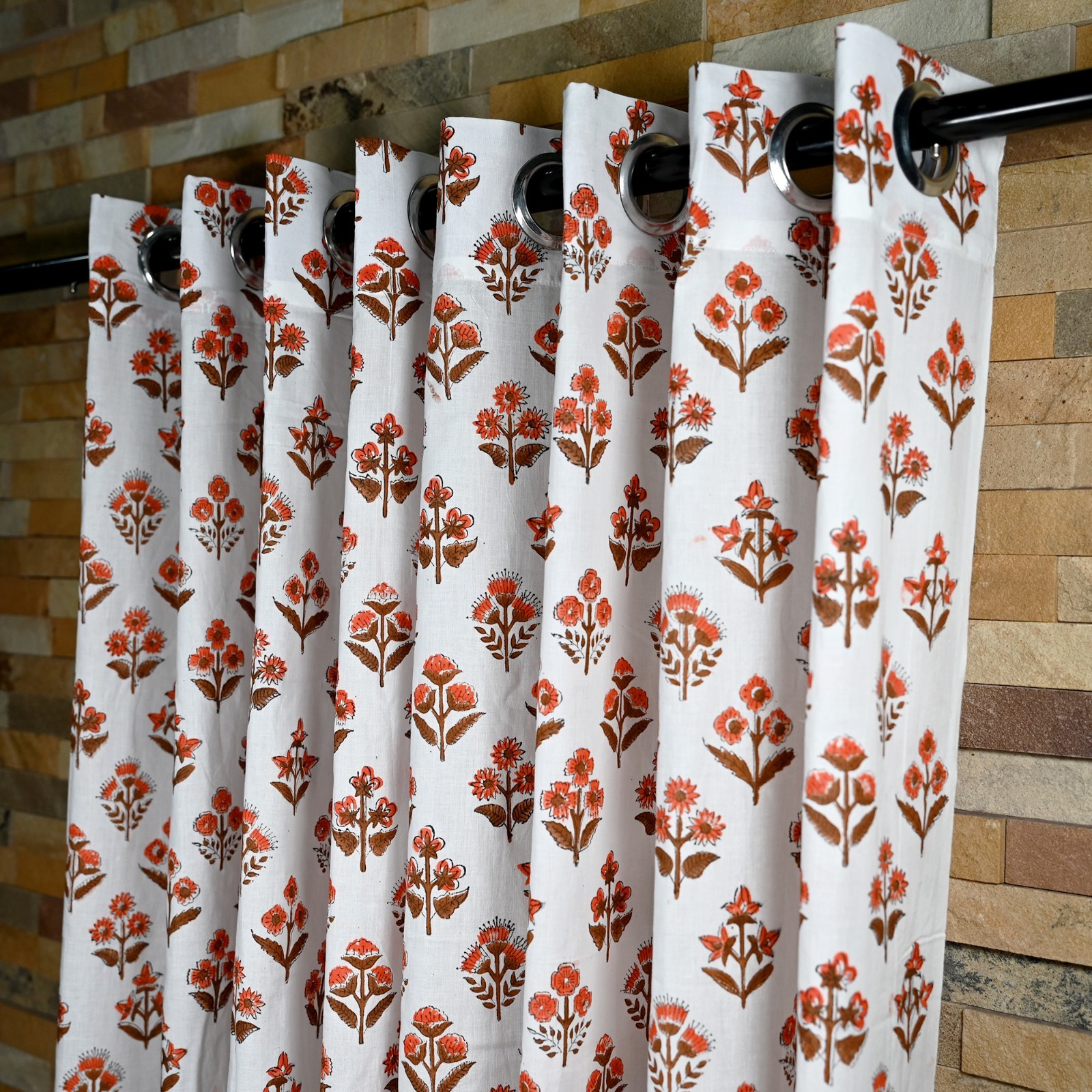 Flower block Print Curtain Panels Set of 2 Indian Cotton window Curtains