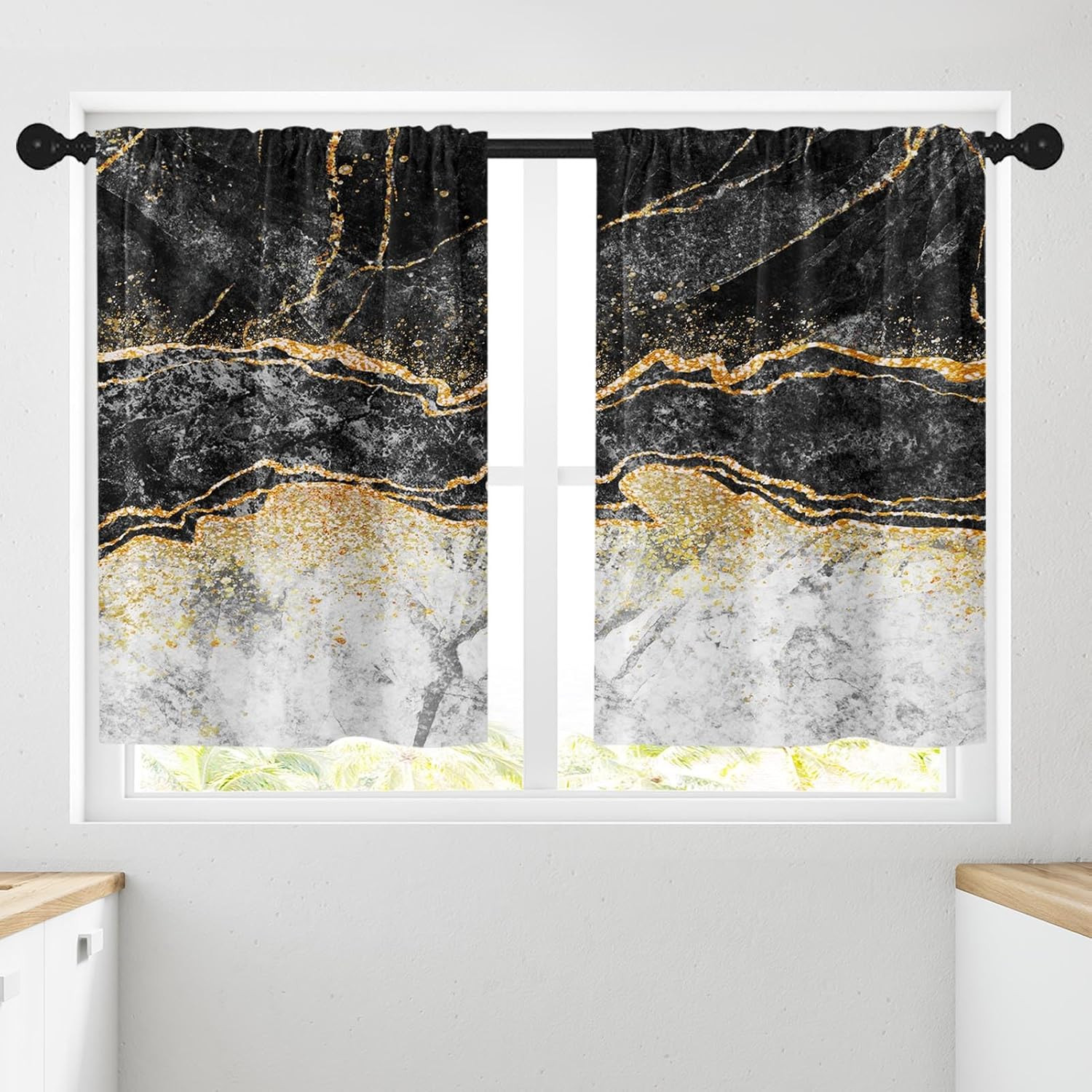 Vintage Black Gold Silver Marble Kitchen over Sink Window Curtains Set of 2, Abs