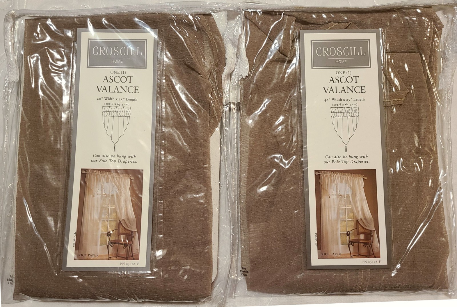 Pair of Croscill Sheer Ascot Valances Rice Paper Bronze Style 8900 NEW
