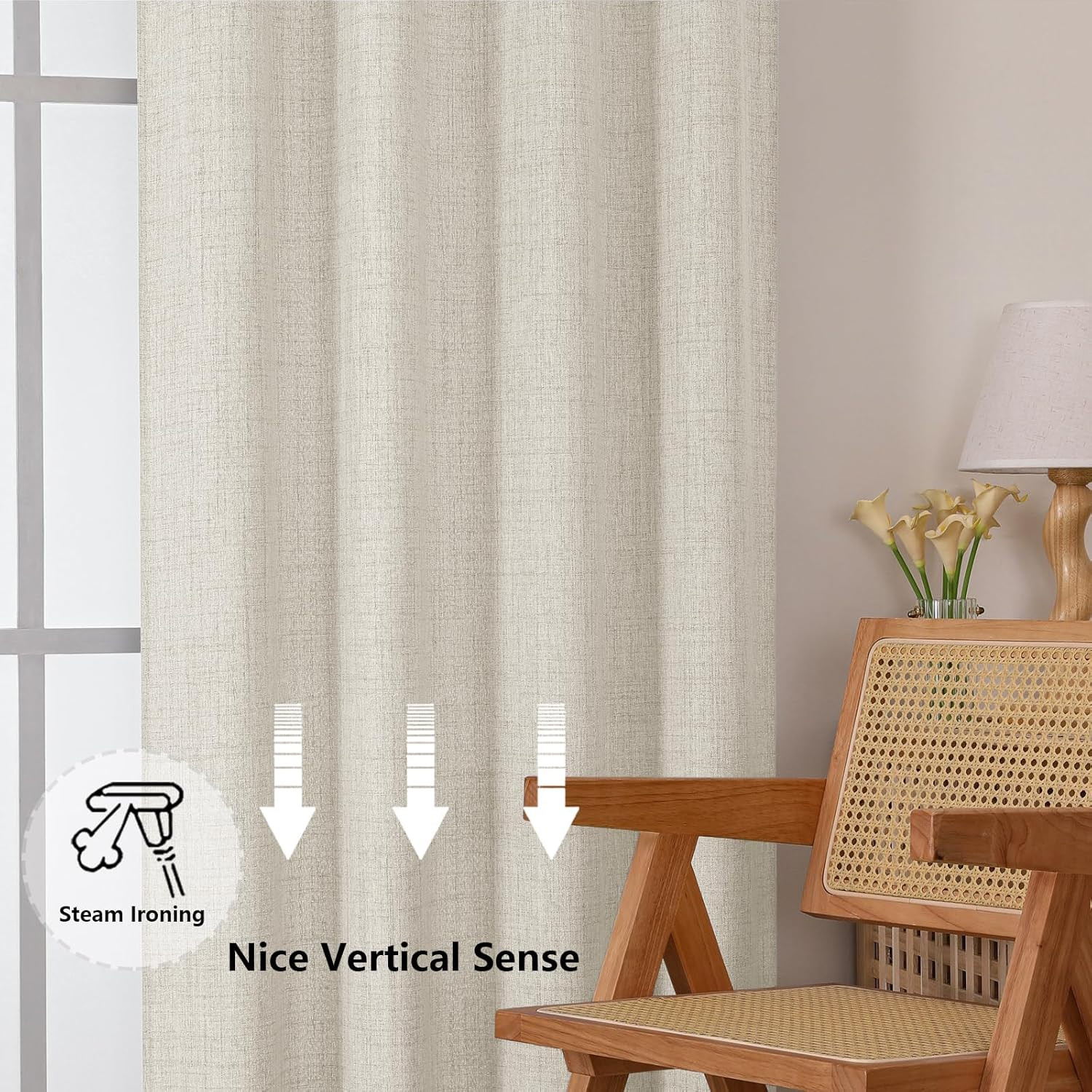 Natural Cafe Curtains 24 Inch Length, Light Filtering Faux Linen Slub Textured S