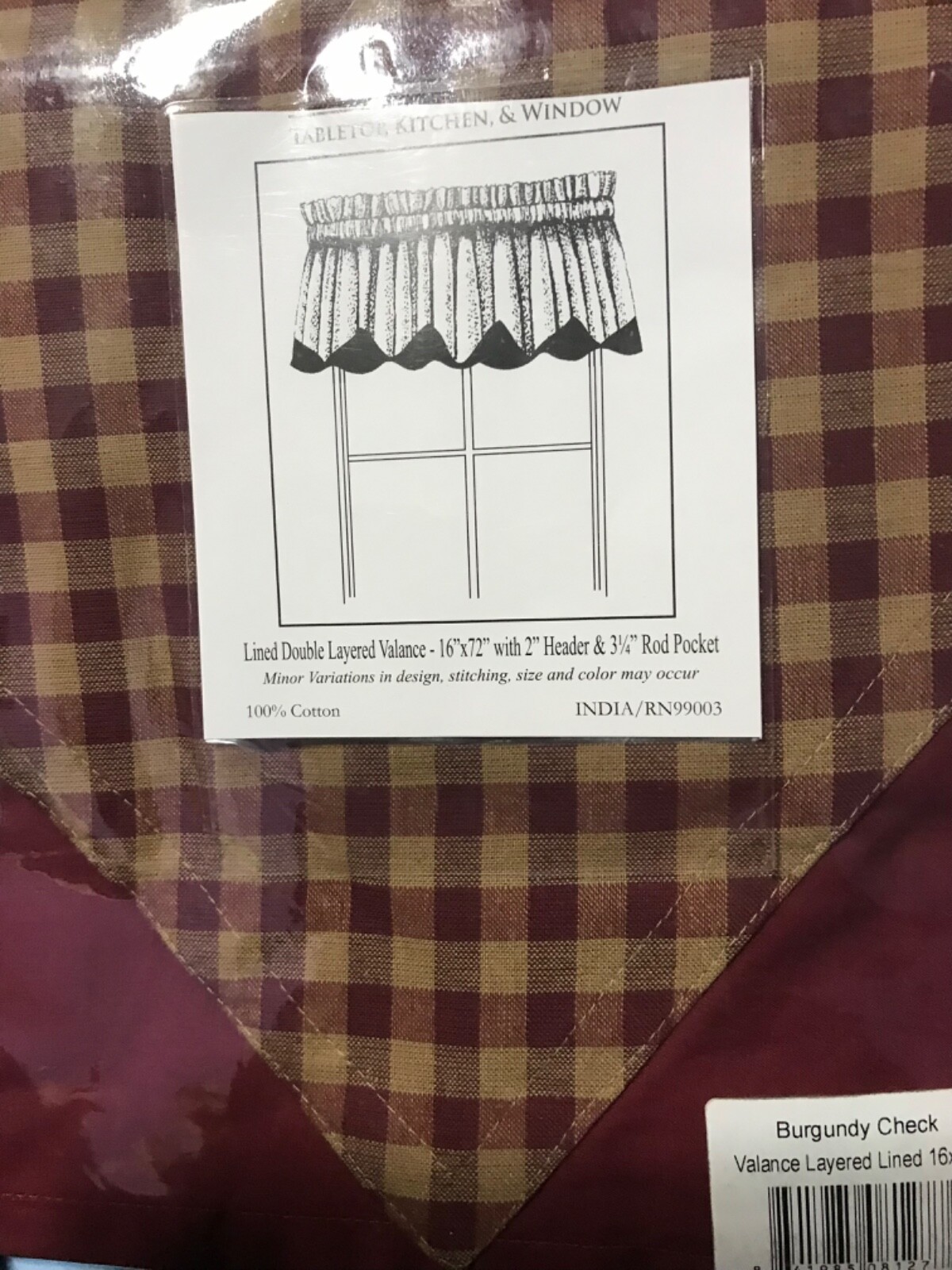 1 BURGUNDY CHECK VALANCE : PRIMITIVE TAN RED PLAID COUNTRY WINDOW 16”x72”