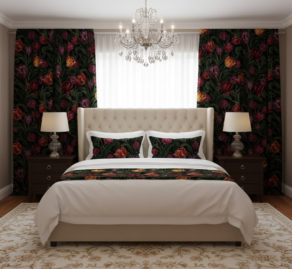 Tulips Window Curtains, Dense Floral Panel, Living Room 70% Ligh