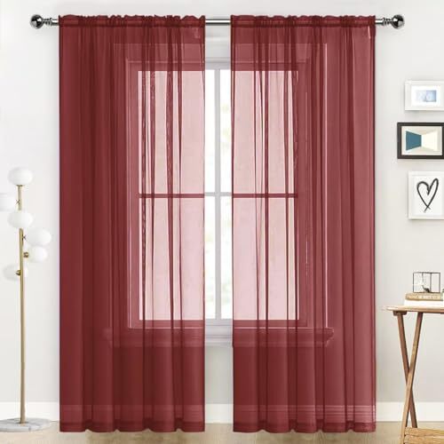 Sheer Voile Window Treatment Rod Pocket Curtain Panels 52 W x 45 L Burgundy
