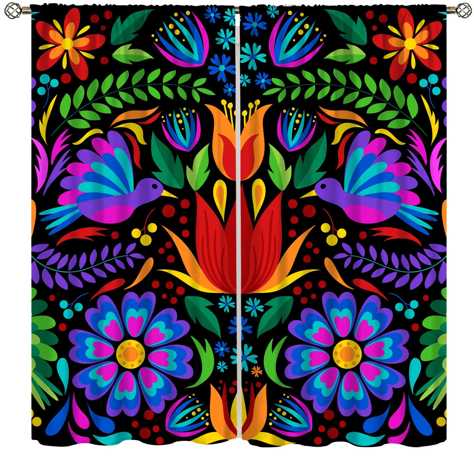 SYZWWSYX Mexican Flower Curtains, Vintage Colorful Mexican Floral Bird Art Pr…