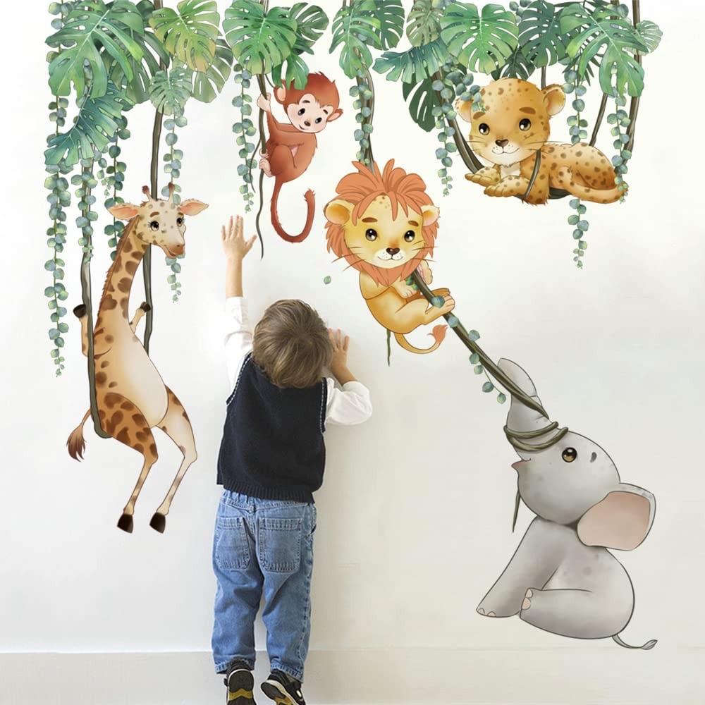 Runtoo Safari Animals Wall Decals Palm Leaves With Vine