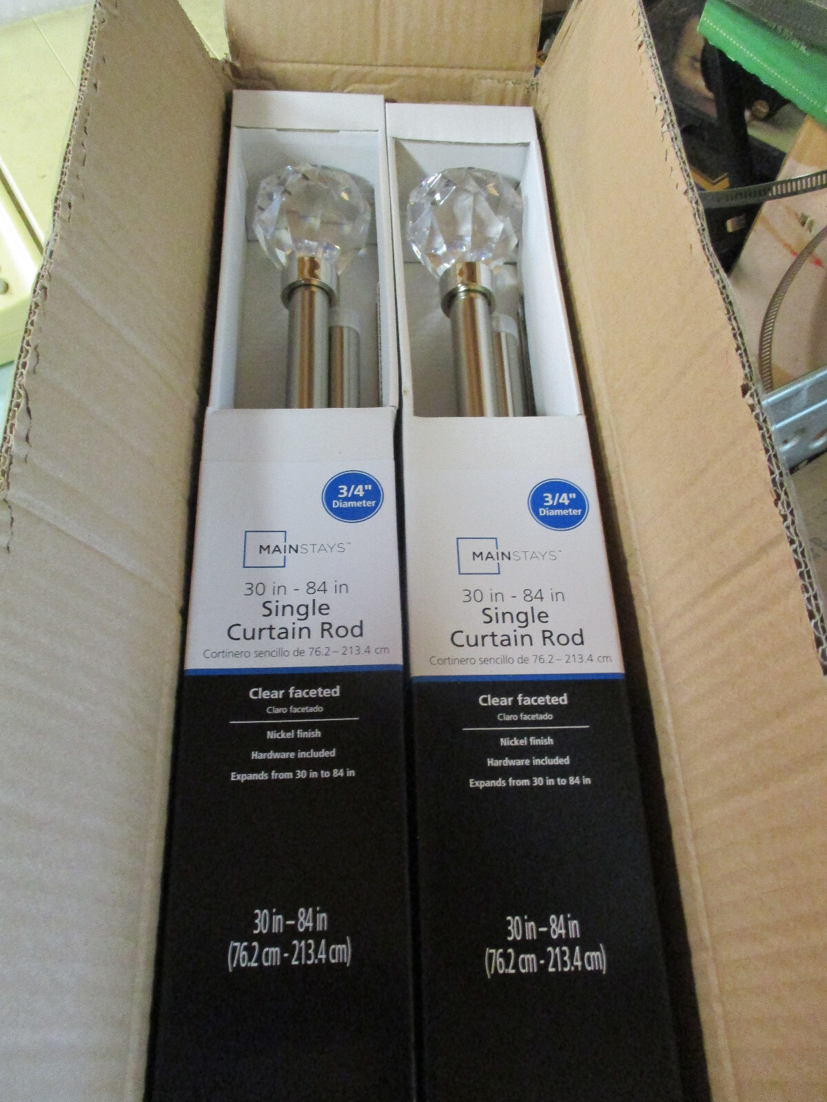 2 PACK Mainstays 3/4″ NICKEL CLEAR FACETED Single ADJ Curtain Rods 30-84″ U20