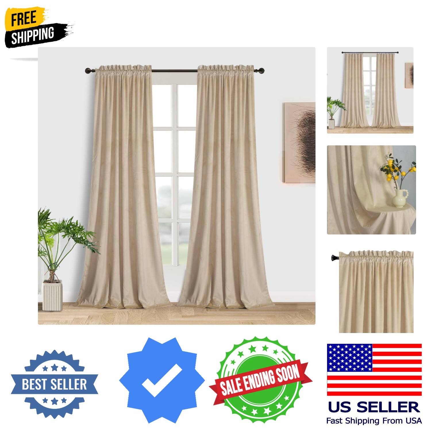 Cream Velvet Curtain 120 inches Extra Long – Curtains Room Darkening Rod Pock…