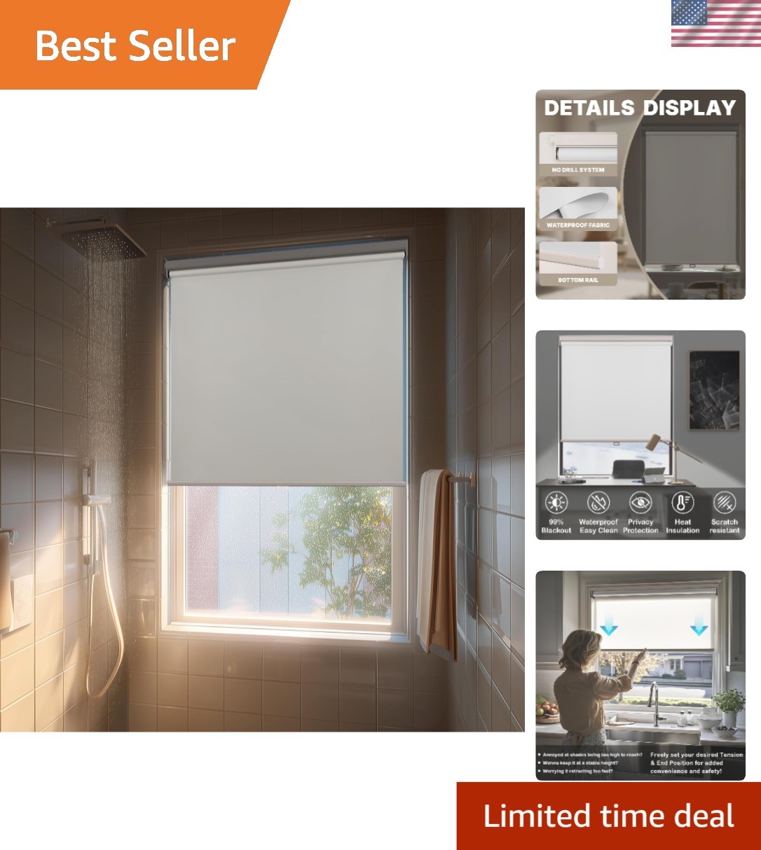 Cordless Blackout Roller Shades Waterproof No Drill Window Blinds for Bathroo…
