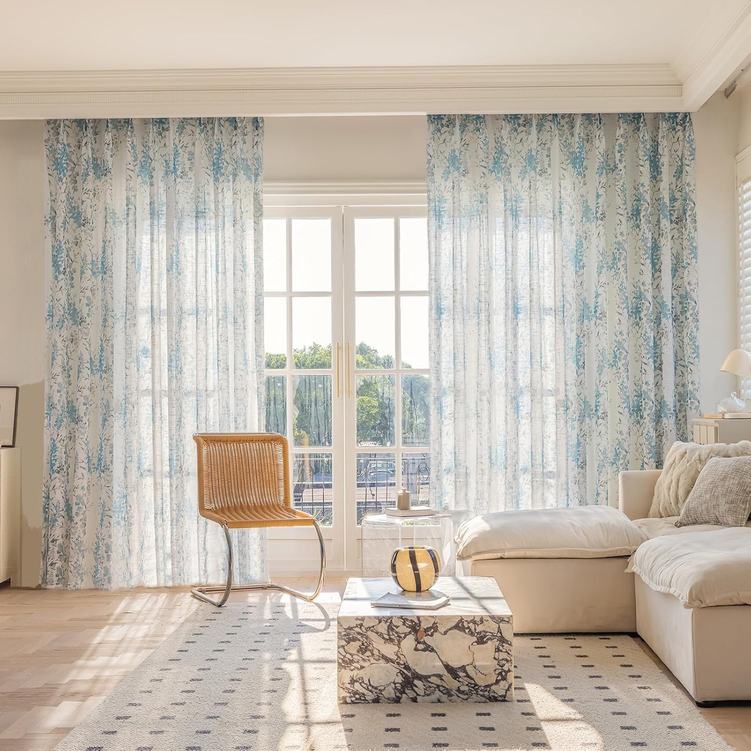 Blue Leaf Boho Linen Textured Sheer Curtains – Elegant Light-Filtering Window…