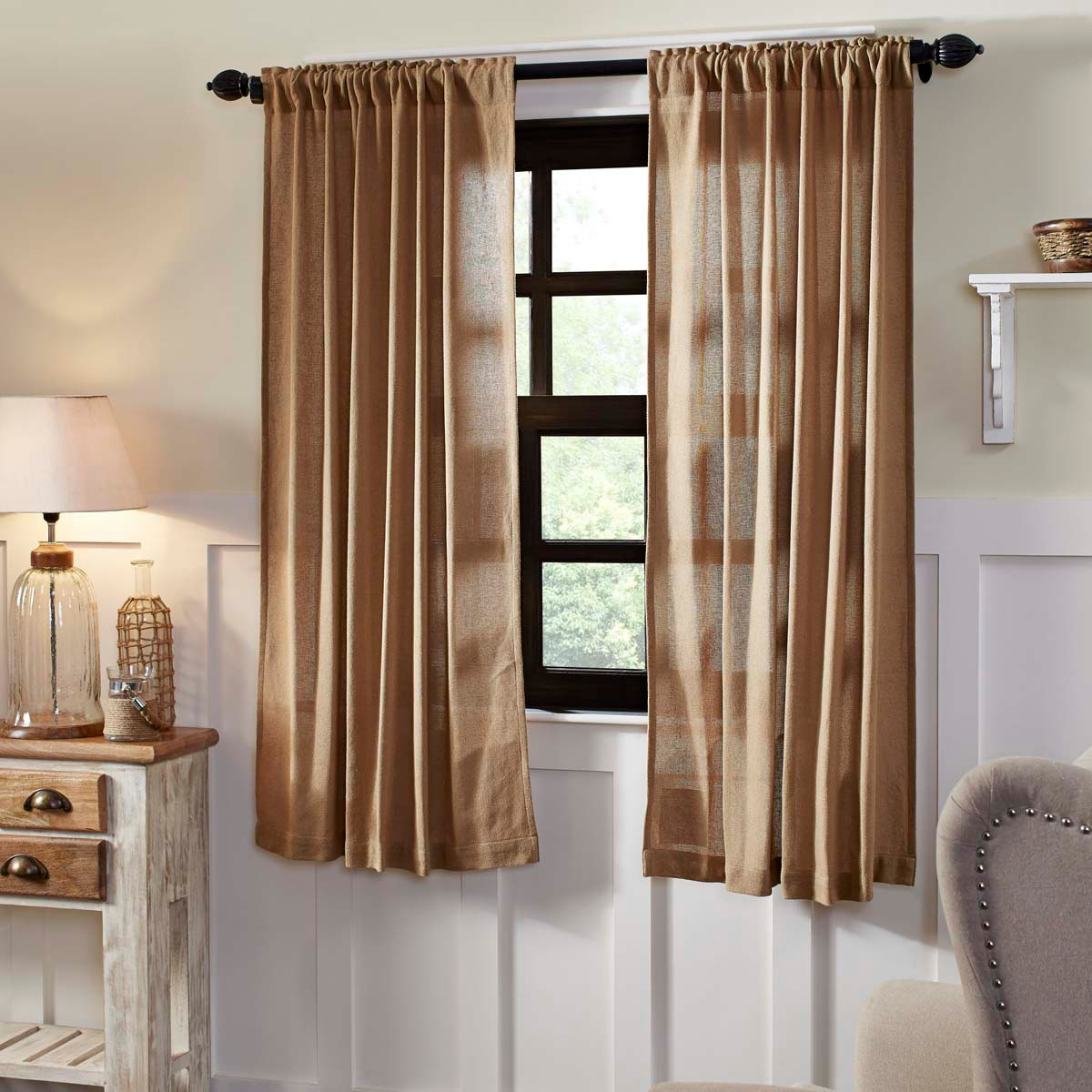 BURLAP NATURAL SET OF 2 CURTAIN PANELS 63X36″ W/ TIE BACKS COTTON WOVEN BURLAP