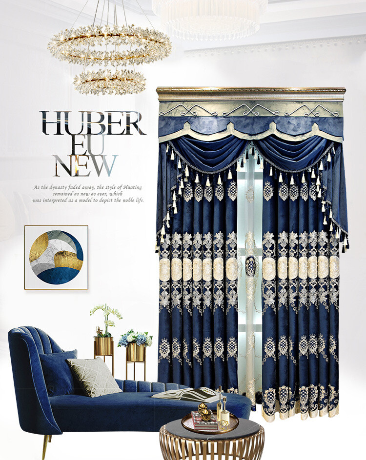 European flannelette embroidery blue vevet cloth curtain valance drape C1268