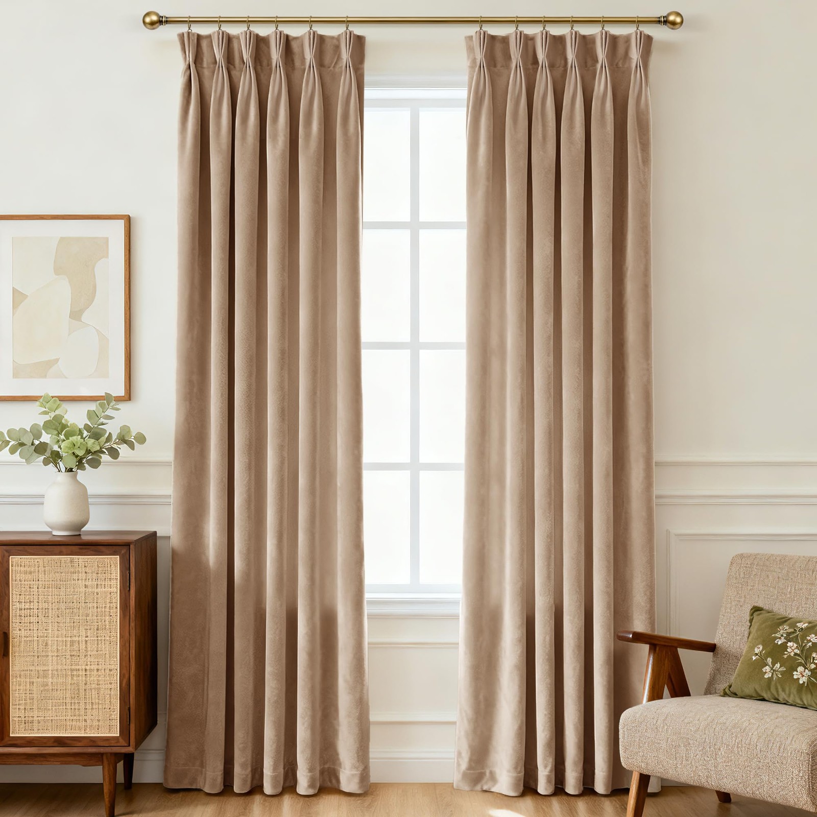 Pinch Pleated Taupe Velvet Curtains for Living Room Modern Elegant Plush Velv…